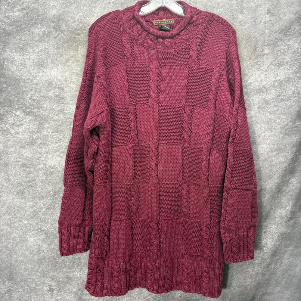VTG 90s Yarnworks Rollneck Cable Knit Fisherman Tunic Sweater Size L Burgundy